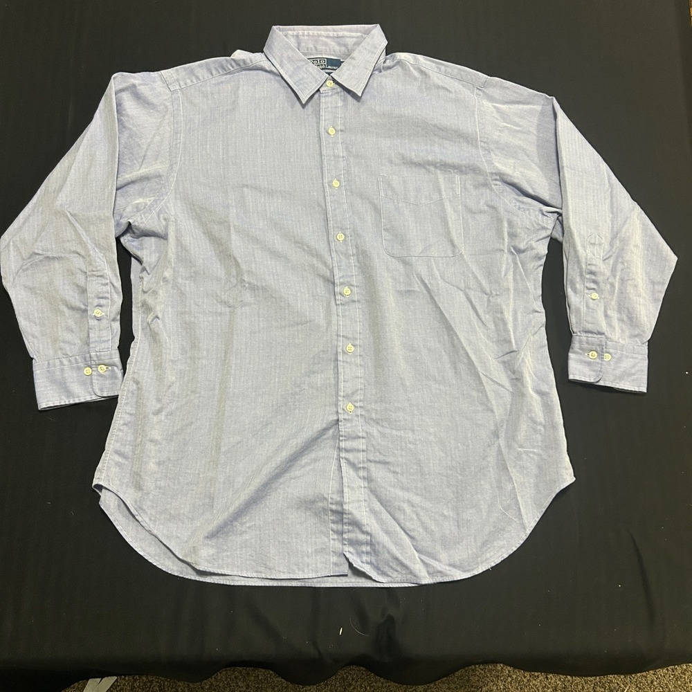 Polo Ralph Lauren Andrew Shirt Mens 17.5 32/33 Blue Herringbone Cotton Button Up
